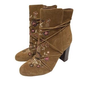 Sam Edelman Winnie Embroidered Floral Suede Ankle Boots Women 9.5 Boho Lace Wrap